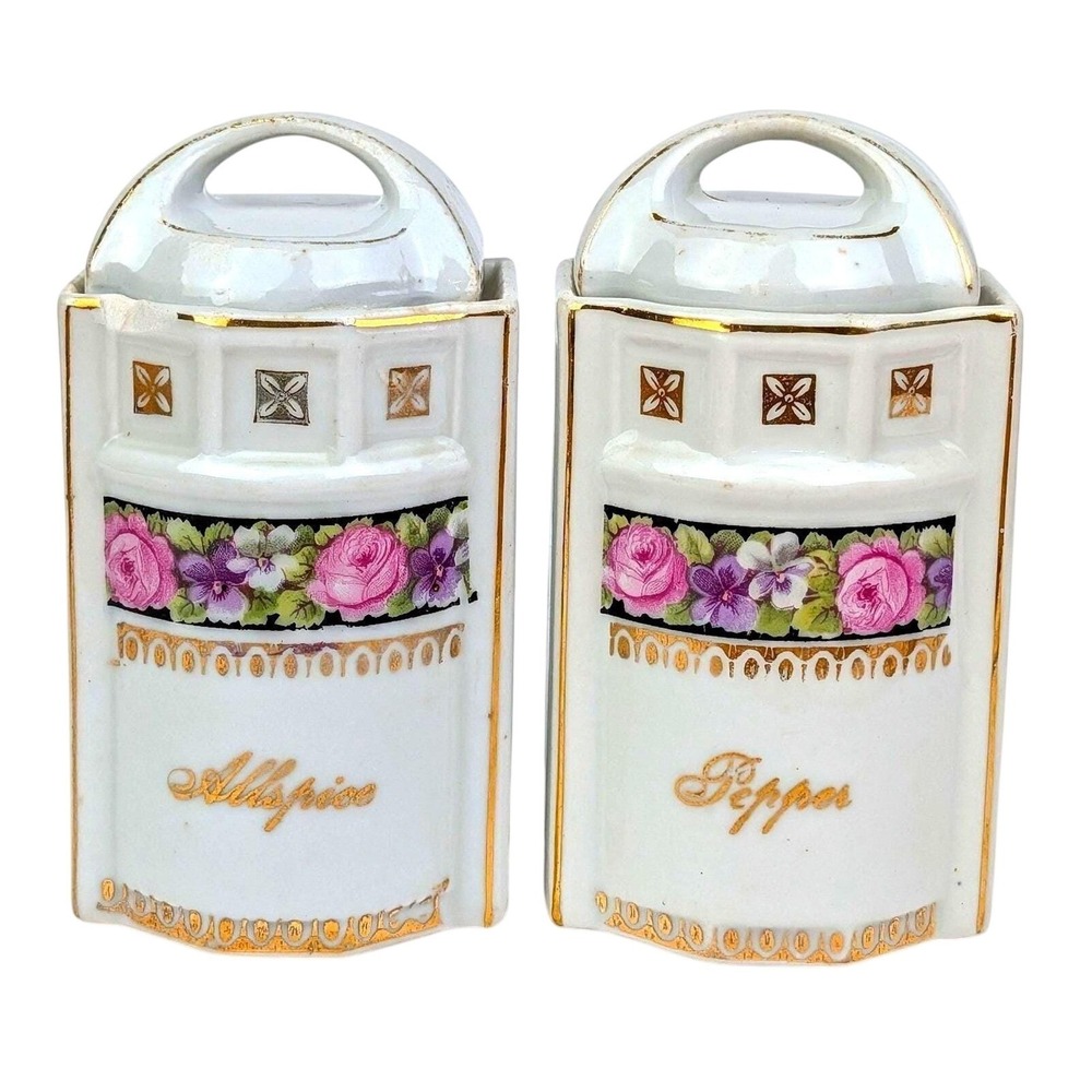 Vintage GMT Co Thuringia Porcelain Spice Jars Allspice Pepper Floral Gold Trim